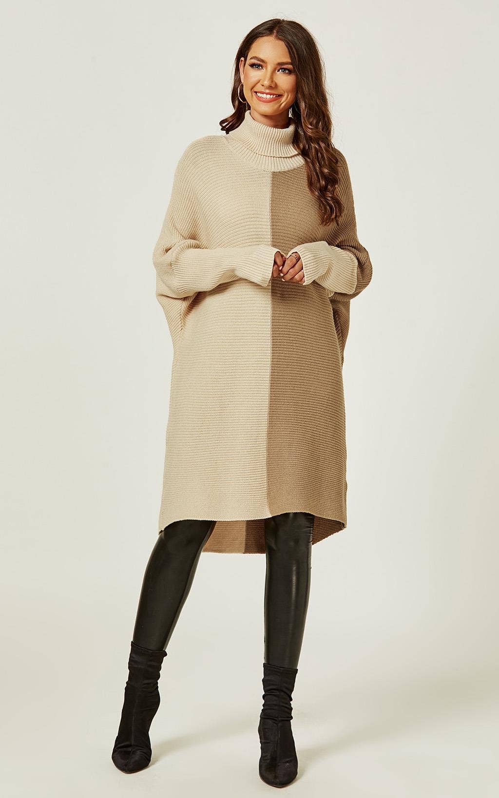 FS Collection (Germany) - Wholesale Tunic Sweater - Women's - High Neck Half Forest Beige & Taupe Block Colour Jumper Top1