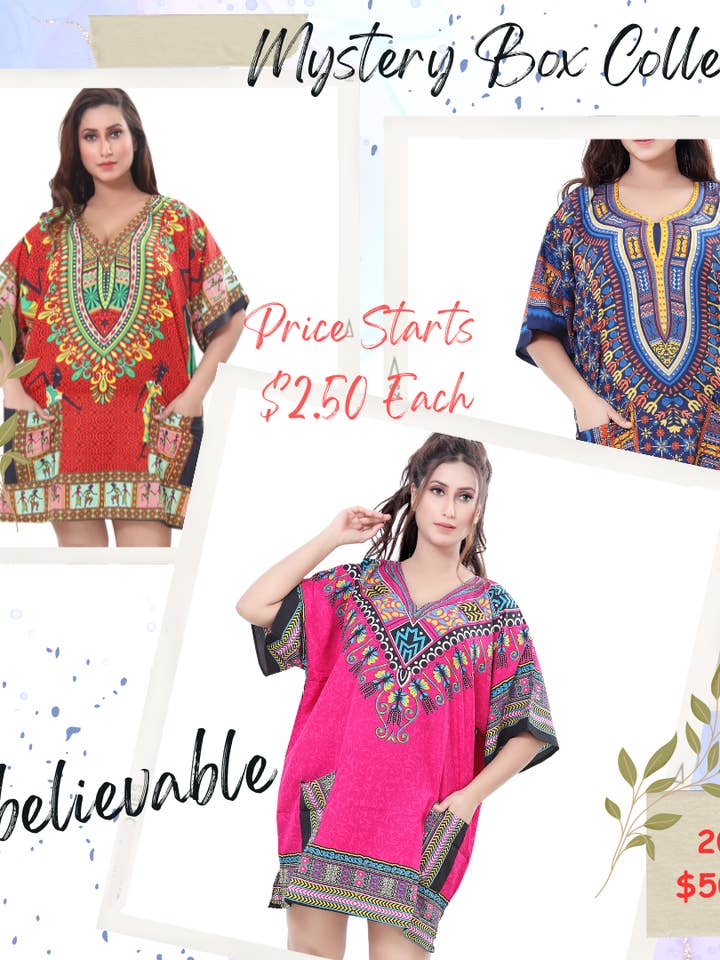 Tuniken für Damen, kurze, farbenfrohe Kaftan-Tunika, 40 Stück, Asst Box für den Großhandel von KaraChic