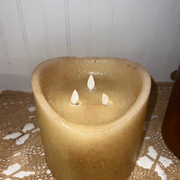 Raggedy Junction - Wholesale Flameless Candle - 6x6" Tri 3 wick Moving Flame Flameless Timer Pillar Candle