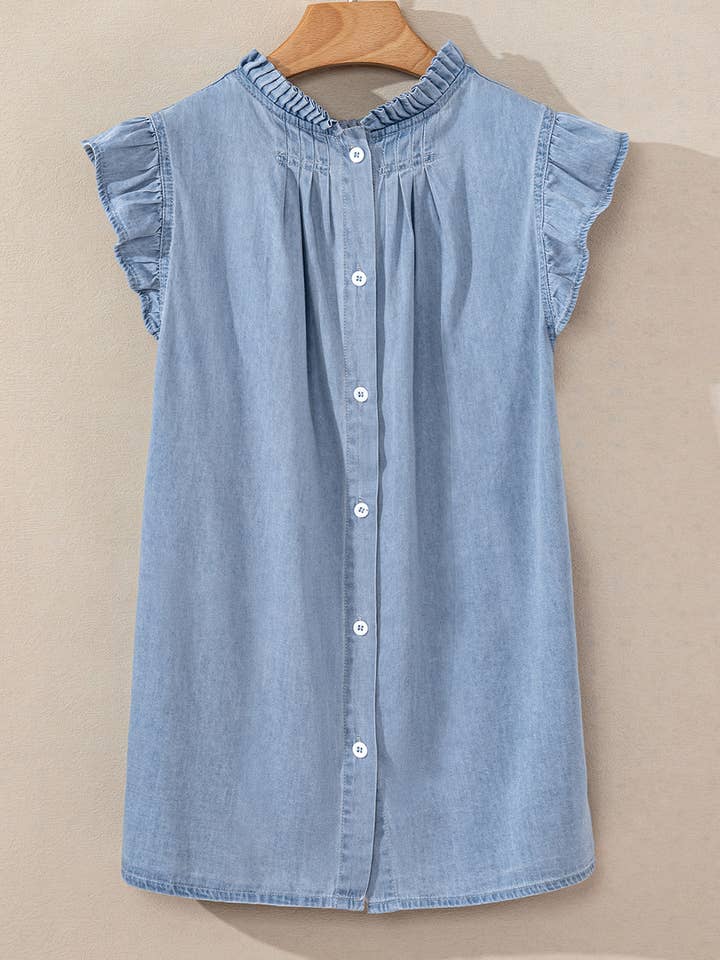 Blue Frilly Pleated Button Back Retro Chambray Top for wholesale on Faire2