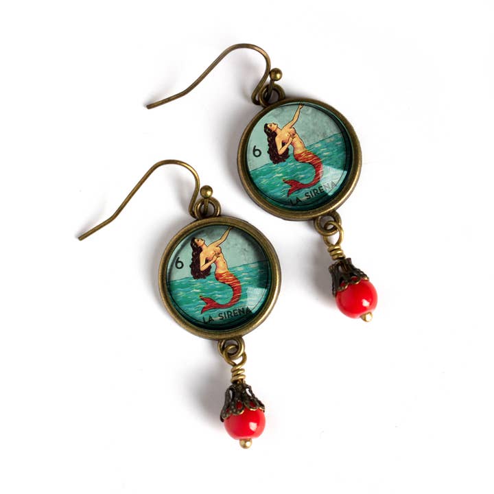 The Divine Iguana - Wholesale Dangle Earrings - Loteria La Sirena Mermaid Glass Cabochon Earrings
