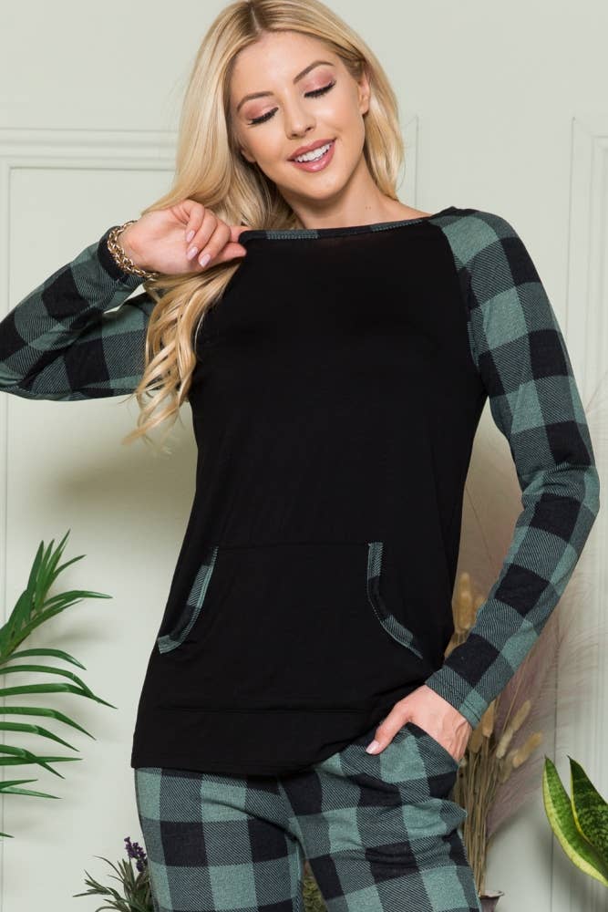 Celeste Clothing - Wholesale Knit Top - Women's - CT43591-SOLID TOP WITH PLAID CONTRAST SLEEVE12