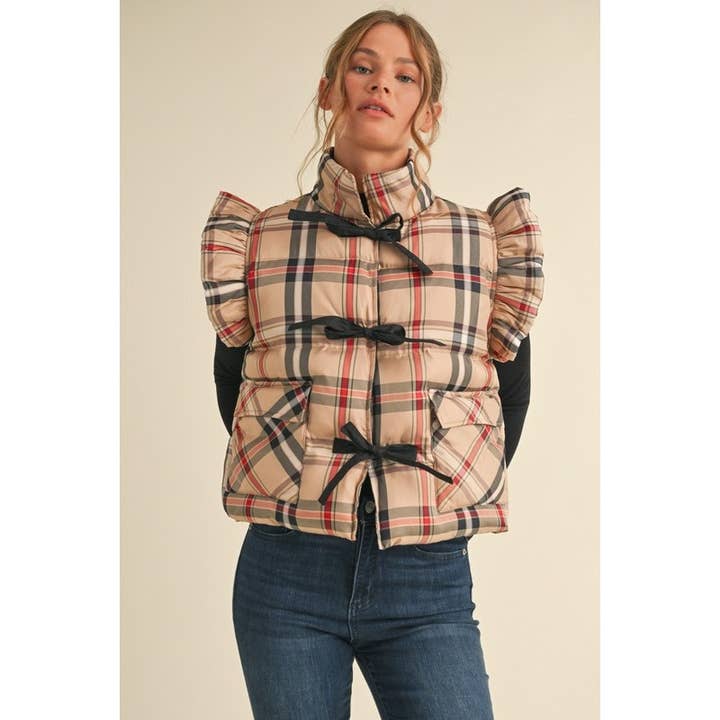 TAUPE Plaid puffer vest for wholesale on Faire