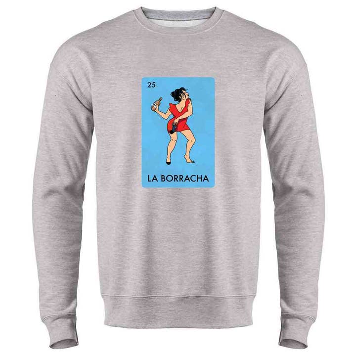 Pop Threads - Venta al por mayor Camiseta serigrafiada - Mujer - La Borracha Drunk Woman, divertida parodia de la lotería mexicana, manga larga