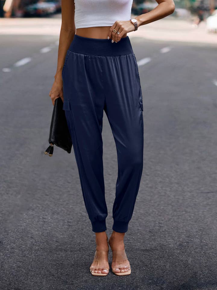 eLook - Wholesale Lounge Sweatpants/Joggers - Women's - SZ1-P0012 Satin Cargo Jogger with Ribbed Waist46