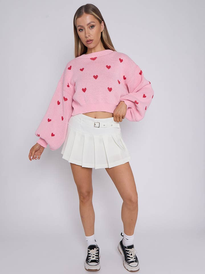Pink Heart Detail Oversized Cropped Knitted Jumper for wholesale on Faire