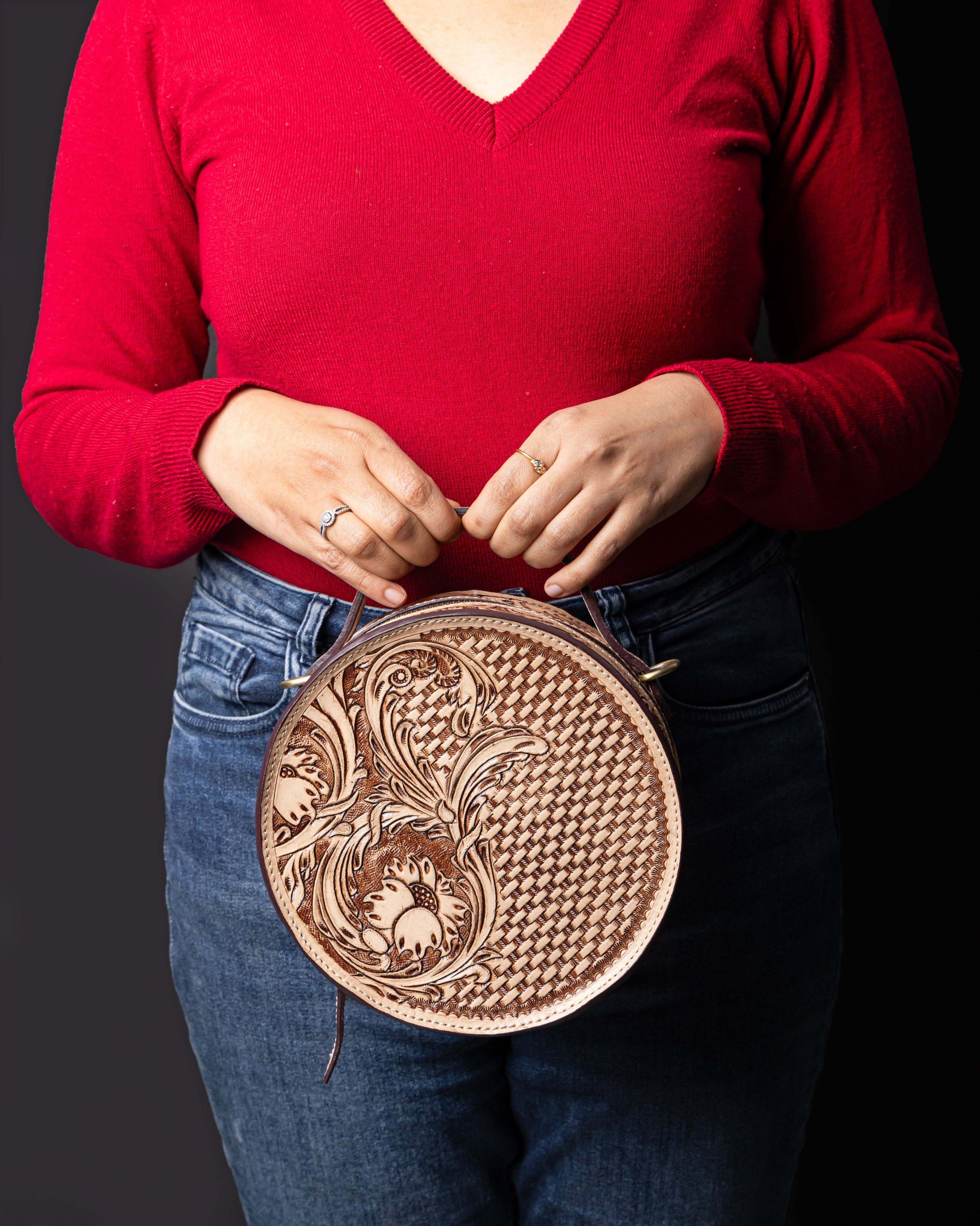 House of Kraft Jewelry & Accessories - Wholesale Top Handle Bag - Women's - Woven Petals Design | Brown Leather Bag | Round Bag3