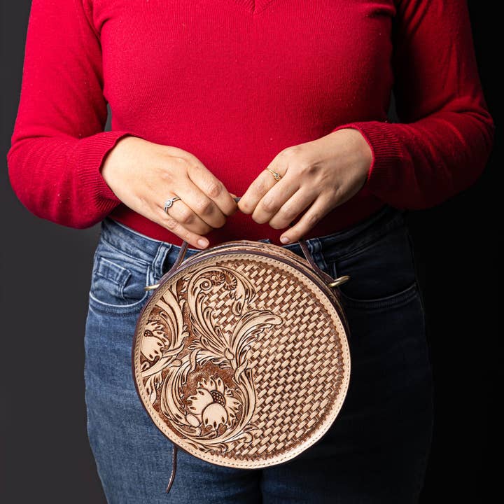 House of Kraft Jewelry & Accessories - Wholesale Top Handle Bag - Women's - Woven Petals Design | Brown Leather Bag | Round Bag3