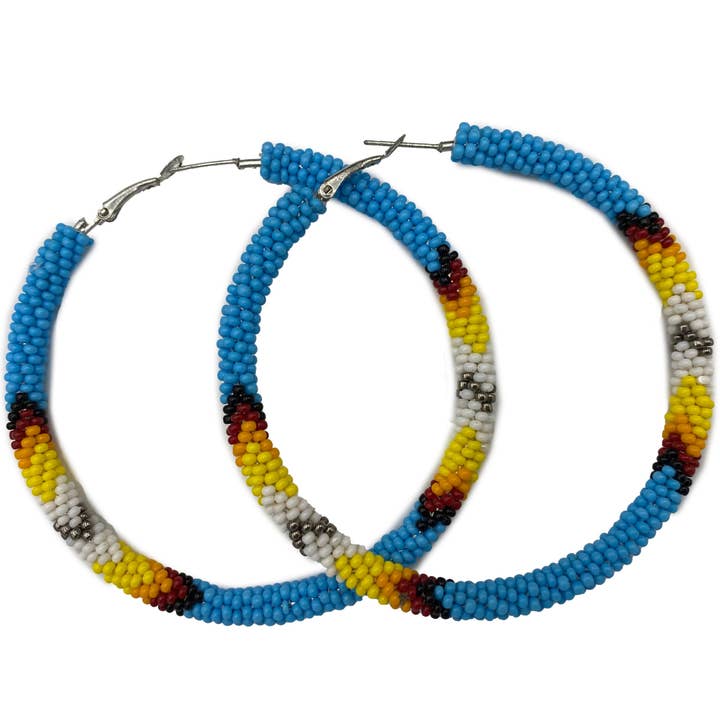 BEADS CORNER - Wholesale Hoop Earrings - Handmade Native Style 3 Inch Hoop Earrings with Czech Seed Beads - Cyan Blue