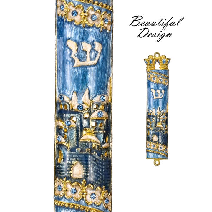 Matashi - Wholesale Decorative Tabletop Object - Matashi Hand Painted Blue Enamel Mezuzah with Gold Accents