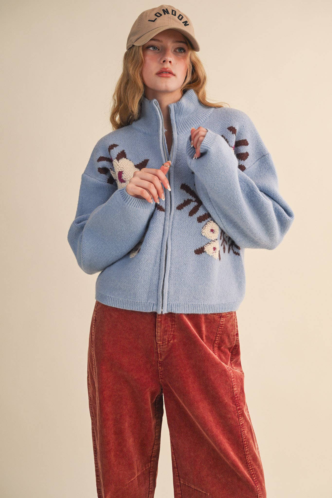 &MERCI - Wholesale Cardigan - Women's - FLORAL ZIP UP SWEATER CARDIGAN MSW1118842