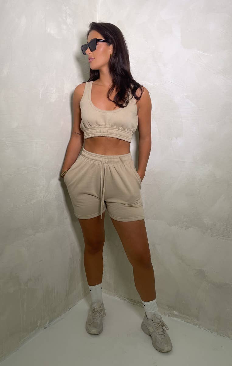 Femme Luxe - Wholesale Lounge Set - Women's - Stone Sleeveless Crop Top & Shorts Two Piece Set  - Oula0