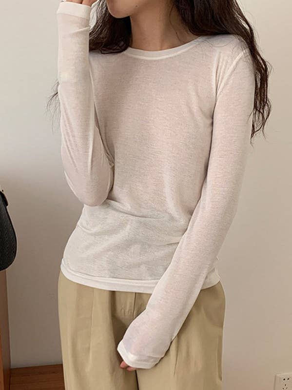 T-shirt skinny trasparenti a maniche lunghe con scollo tondo in tinta unita per la vendita all'ingrosso da parte di VividLux