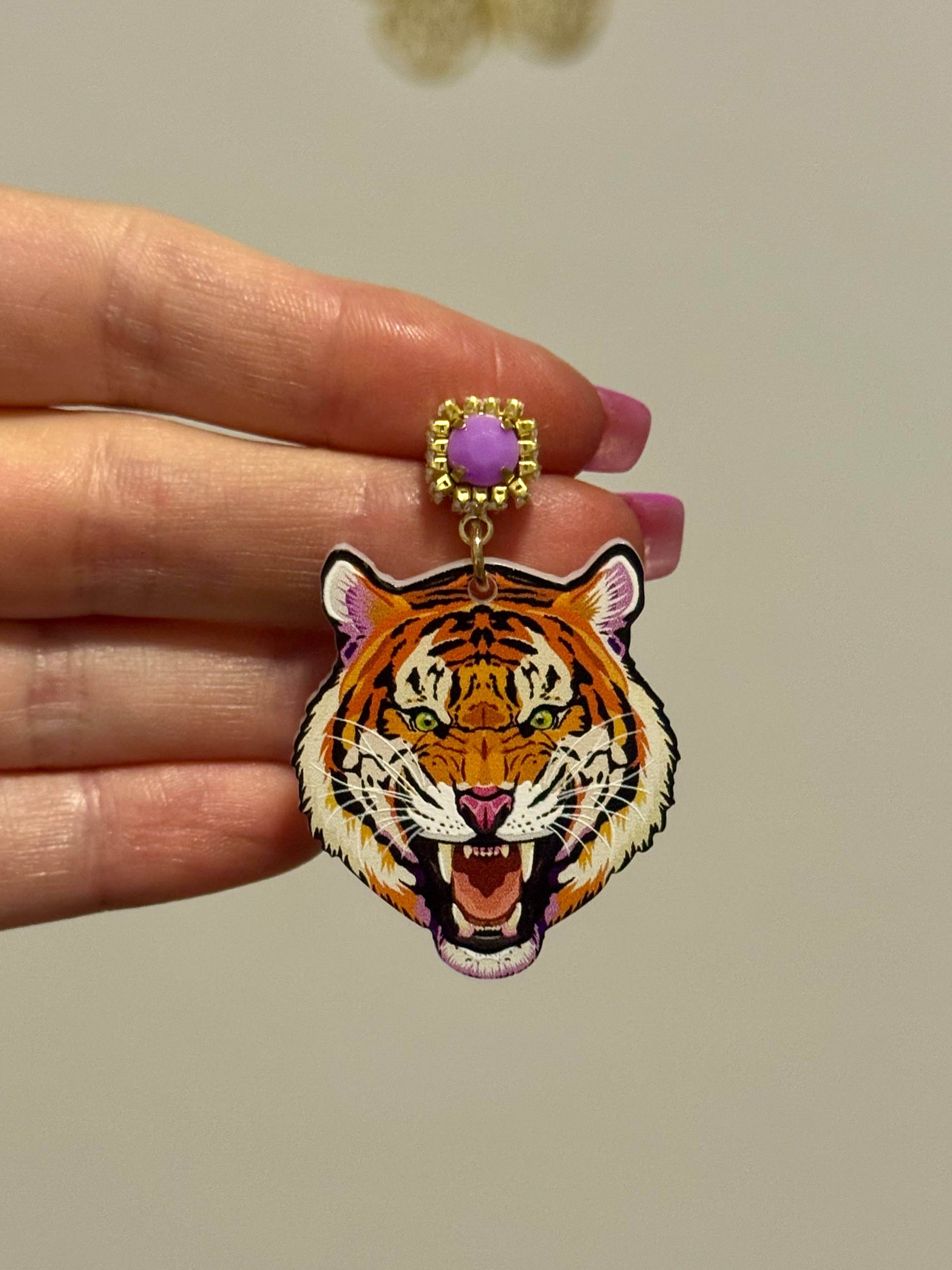 Louie Love - Wholesale Dangle Earrings - Gold Purple Acrylic Gameday LSU Tiger Face Earrings4