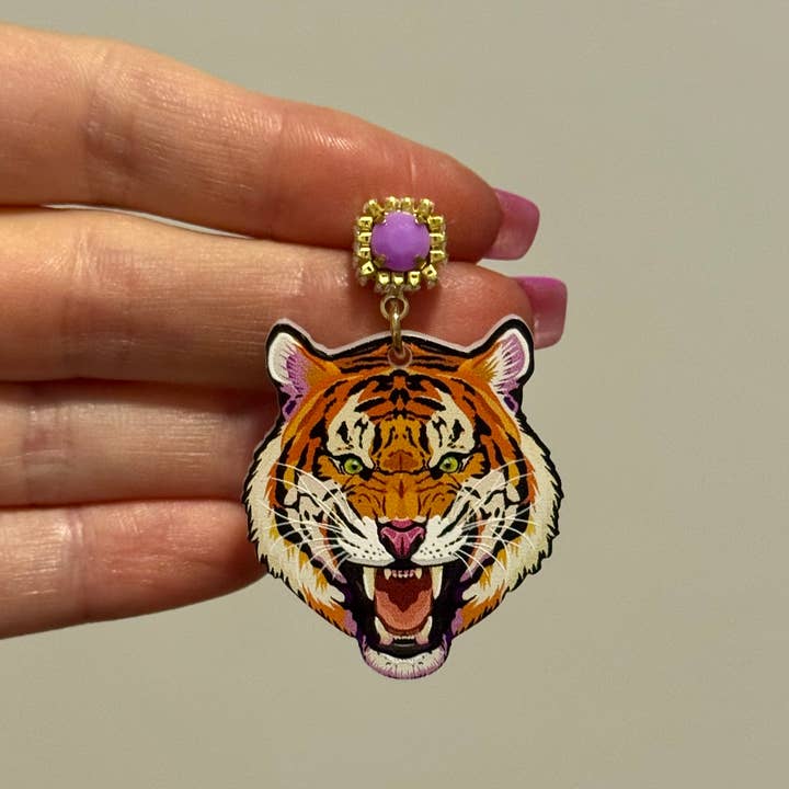 Louie Love - Wholesale Dangle Earrings - Gold Purple Acrylic Gameday LSU Tiger Face Earrings4