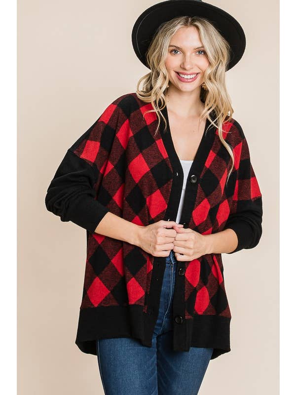 Emerald Collection - Wholesale Cardigan - Women's - ETK-8553-PL Plus Size Buffalo Plaid Knit Cardigan 8