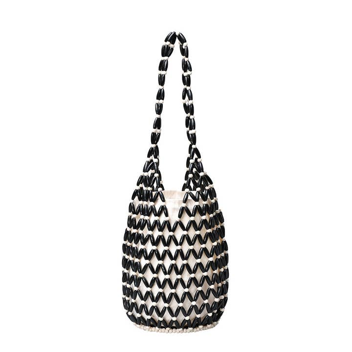 Hand-Woven Wood Bead Cylinder Bucket Bag Drawstring S5P383 for wholesale by alberalkirk