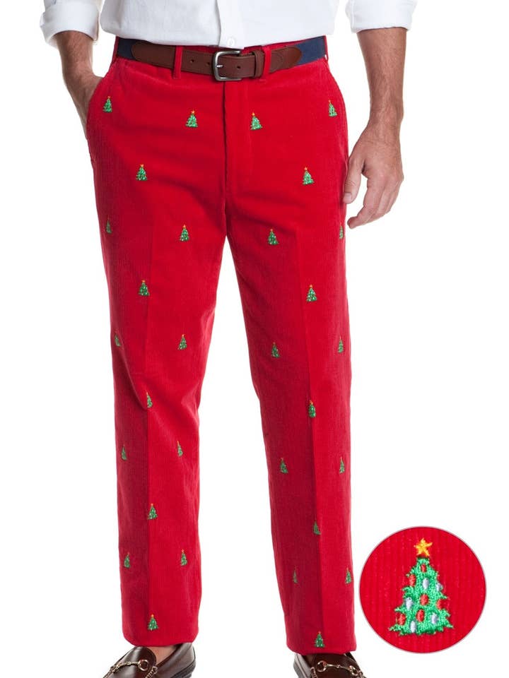 Pantaloni Beachcomber in velluto a coste cremisi con albero di Natale per la vendita all'ingrosso da parte di Castaway Clothing Nantucket Island