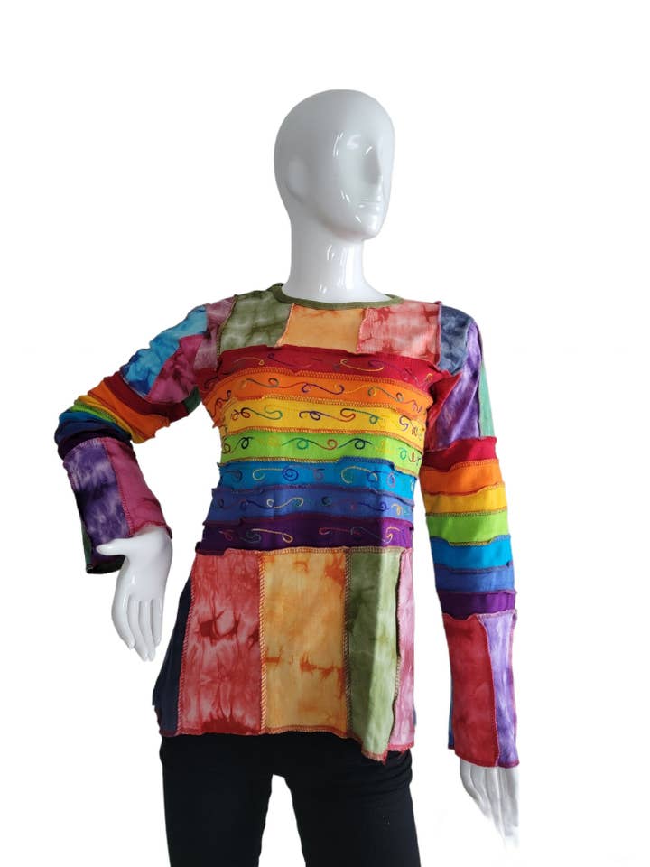 Camicia a maniche lunghe in cotone SLS07 Patchwork con ricamo per la vendita all'ingrosso da parte di Evergreen Guardian Imports