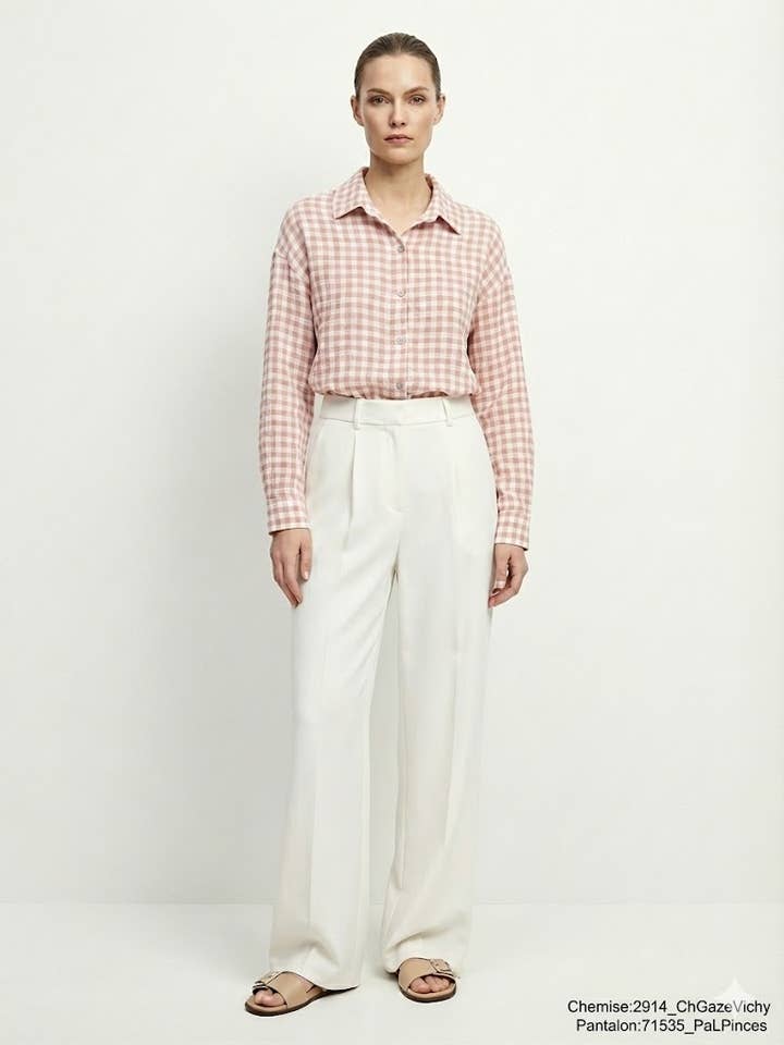 Mimi & Gogo – Engroshandel Skjorte med buttondown – til kvinder – Løs skjorte i bomuldsgaze med gingham tern til kvinder6