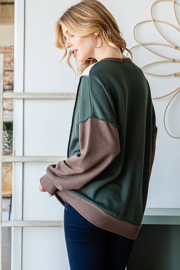 7th Ray - Wholesale Knit Top - Women's - Color Block Front Pocket Oversized Long Sleeve Top T534516