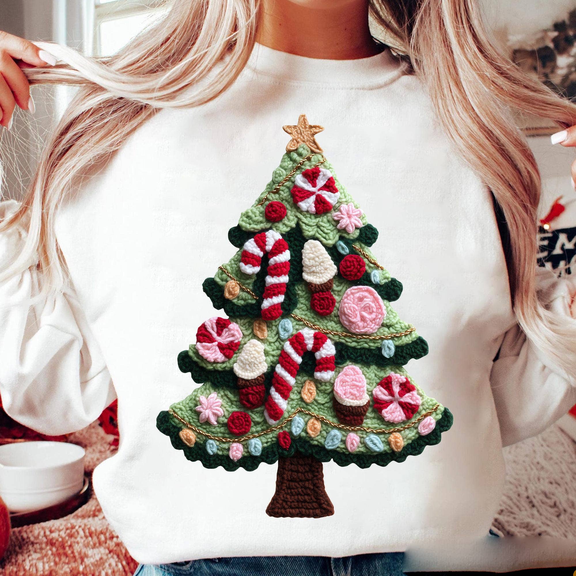 NVC Ecommerce LLC - Vente T-shirt à imprimés – femme - Chemise de Noël en crochet, sweat rétro en laine pour les fêtes