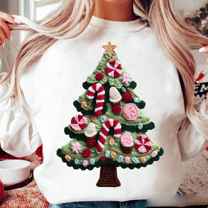 NVC Ecommerce LLC - Wholesale T-Shirt (Graphic) - Women's - Crochet Christmas Tree Shirt, Retro Yarn Holiday Sweatshirt0