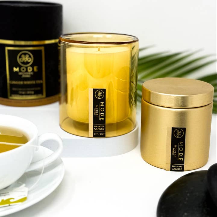 Vela de té blanco de jengibre de 11 onzas, vidrio de doble pared con azafrán para venta al por mayor de MODE modern aromas