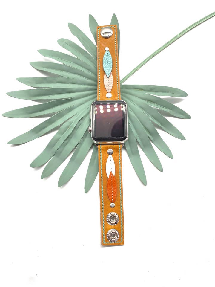 Handmade Leather Apple Watch Band: Boho Leaves Design for wholesale by Rebecca Malcom LeatherWorks