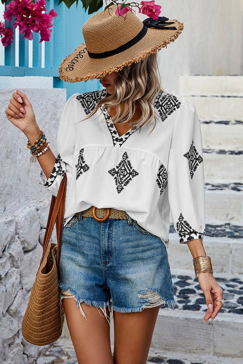 Elings - Wholesale Blouse - Women's - V Neck Printed Loose Fit Blouse11