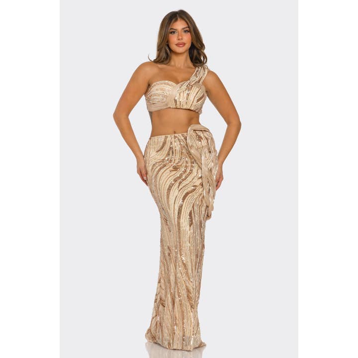 PALJETTKLÄNNING OCH ENAXLAD CROP TOP 2-DELAT SET för wholesale av omgstyles