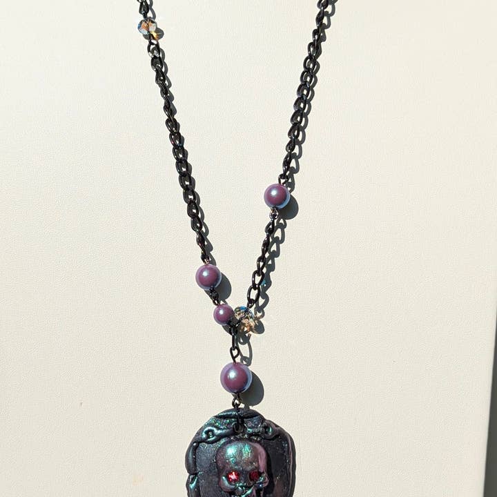 Gay Isber Designs - Wholesale Pendant/Charm Necklace - Spooky Skull Necklace Handmade Halloween Jewelry by Sugar Gay Isber – One-of-a-Kind, Ready to Ship! 22 inch black chain Unisex10