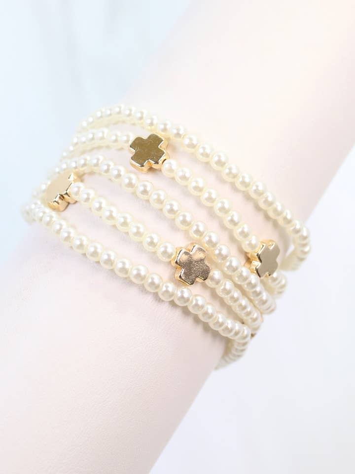 Pauline Pearl and Cross Stretch Bracelet Set Pearl for wholesale by Caroline Hill