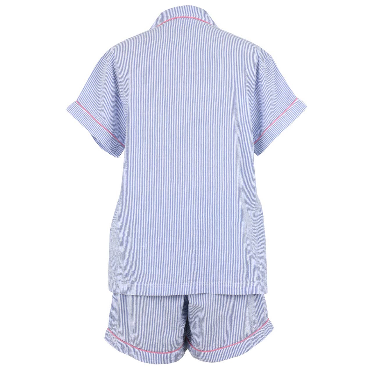 Needham Lane - Wholesale Sleepwear Set - Women's - Blue Seersucker-Pink Short Sleeve Shorty Pajamas 1