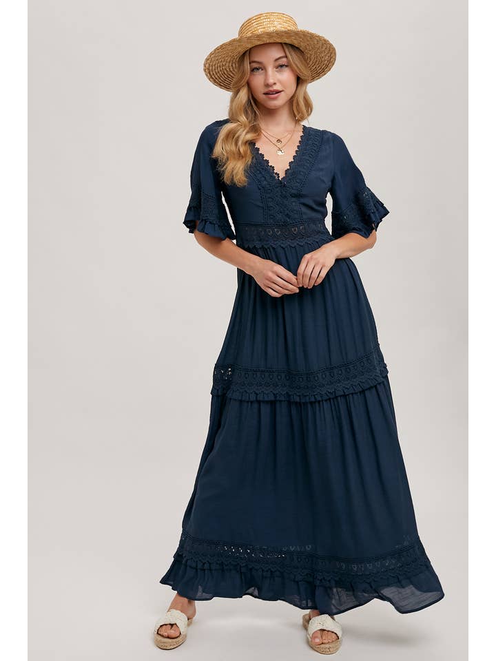 Bluivy - Wholesale Dress - Women's - V-NECK LACE TRIM MAXI DRESS