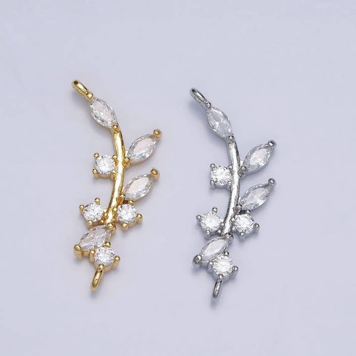 18K Gold Filled Nature Olive Leaf Marquise CZ Curved Connector in Gold & Silver | Y-844 for wholesale by Aim Eternal