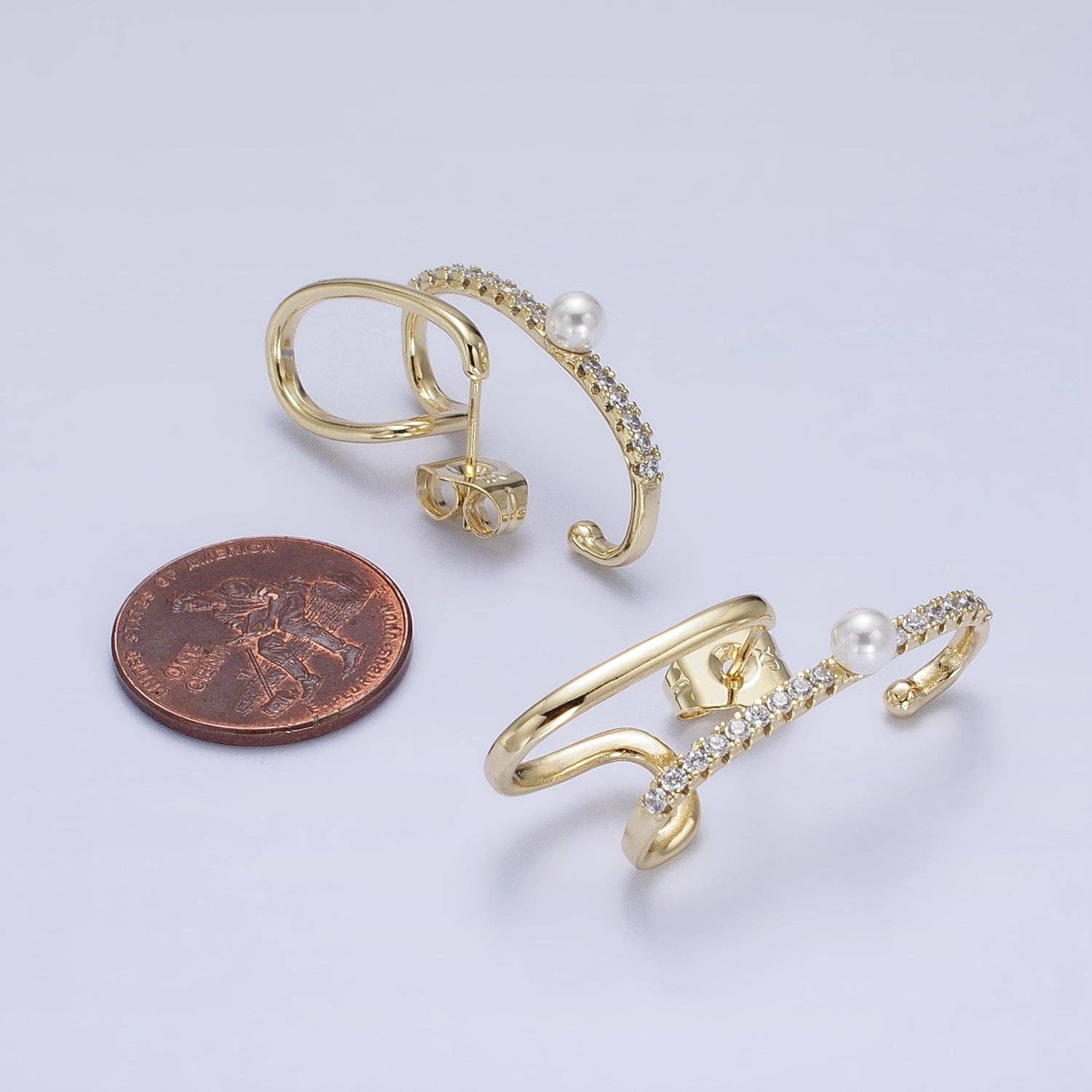 Aim Eternal - Wholesale Hoop Earrings - 14K Gold Filled Double Claw Bar CZ Pearl Stud Earrings3