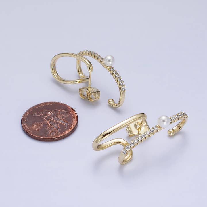 Aim Eternal - Wholesale Hoop Earrings - 14K Gold Filled Double Claw Bar CZ Pearl Stud Earrings3