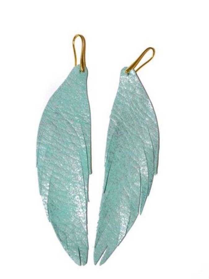 Short Feather Leather Earring - Turquoise Metallic for wholesale by The Supply Society