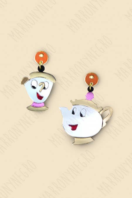 Marronynegro – Brincos de argola por atacado – Brincos Mrs. Potts e Chip em Metacrilato0