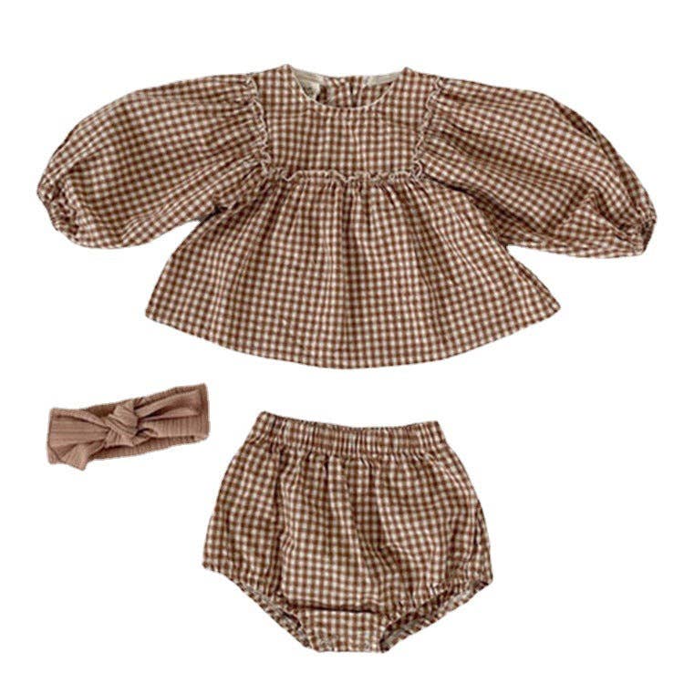 MyKids-USA® - Wholesale Clothing set – Baby - Baby Girl Plaid Pattern Loose Blouses WIth Shorts Headband Sets2