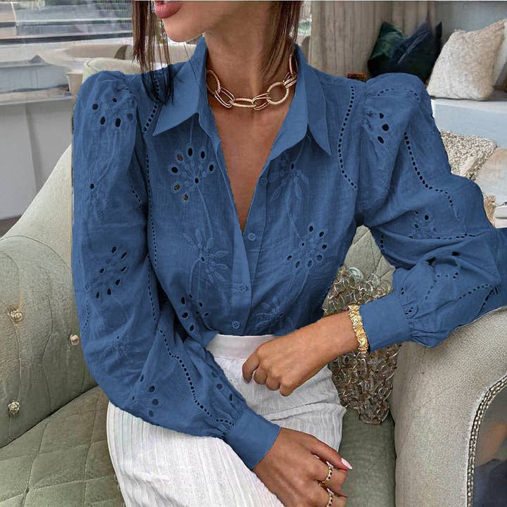 Camisa de Renda de Manga Comprida com Frente Aberta por atacado de kycozy