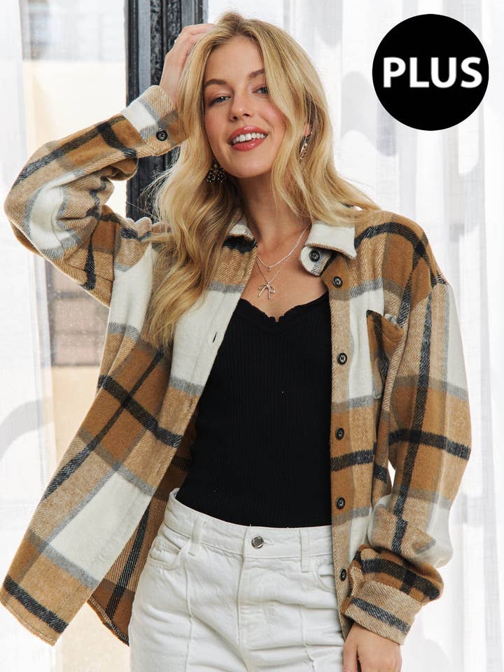 CEJ2586X - PLUS SIZE PLAID FLANNEL SHACKET for wholesale by ADORA LA