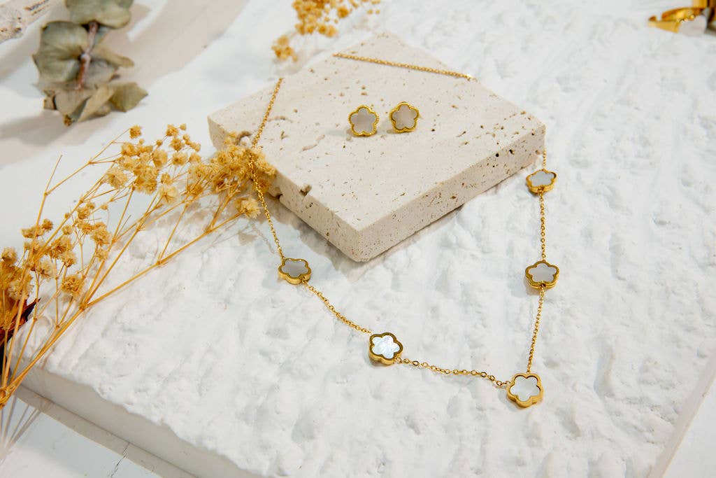 White Leaf - Wholesale Stud/Post Earrings - 5 Petal Flower Stud Earring in Mother of Pearl4