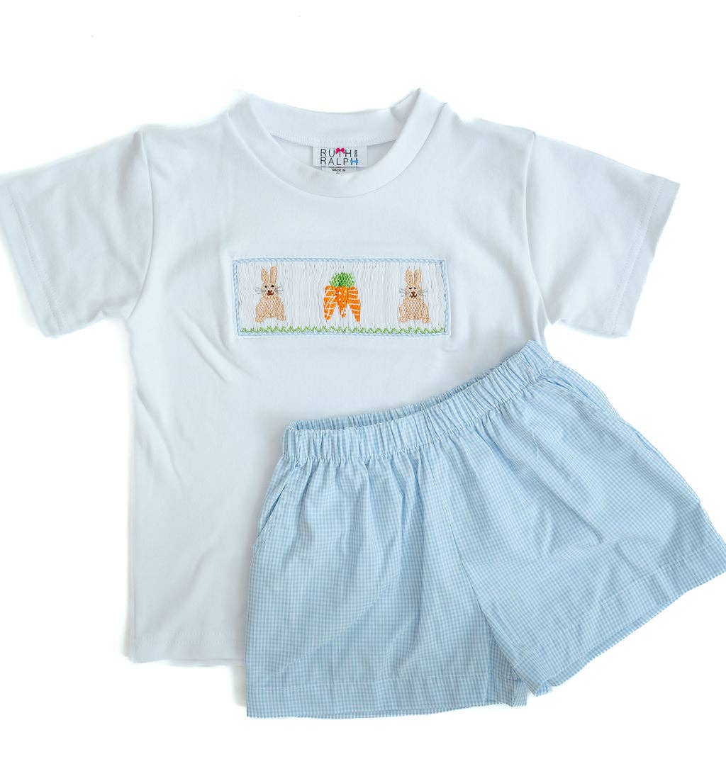 Ruth and Ralph - Wholesale Top & Short Set - Kids - Easter Bunny and Carrots Smocked Beau T-Shirt/Shorts Set2