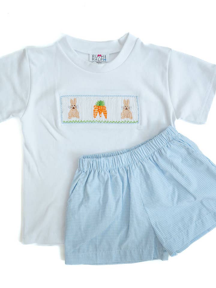 Ruth and Ralph - Wholesale Top & Short Set - Kids - Easter Bunny and Carrots Smocked Beau T-Shirt/Shorts Set2