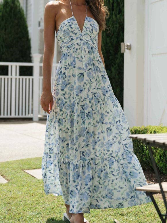 Rosa Clothing - Wholesale Dress - Women's - Plunge halter backless floral swing maxi sun dress