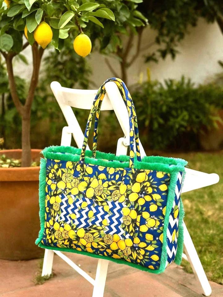 Saco de Algodão Reciclado Feito à Mão com Estampa de Limão por atacado de Wild & Free