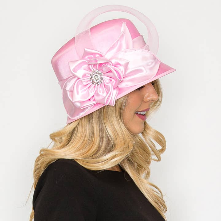 Rhinestone Embellished Flower Bow Satin Braid Hat for wholesale by SP Sophia Collection