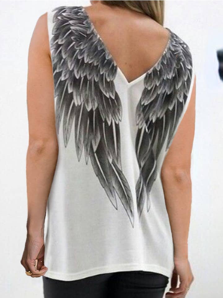 White Angel Wings on Back V-neck T-shirt for wholesale on Faire
